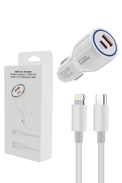 15W PD Car Combo With USB Car Charger And 3FT PD Cable MW8187 WHITE