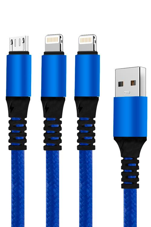 3 In 1 Cable With 1 Micro USB and 2 iphon Head Jacks 1V82IPH BLUE