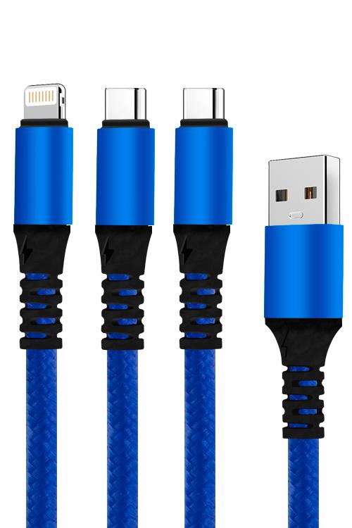 3 In 1 Cable With 1 Type-C and 2 Lightning Head Jacks 1TC2IPH Blue