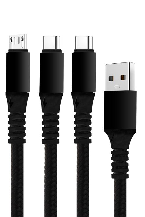 3 In 1 Cable with 1 Micro USB and 2 Type-C Head Jacks 1V82TC Black