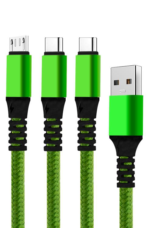 3 In 1 Cable with 1 Micro USB and 2 Type-C Head Jacks 1V82TC Green