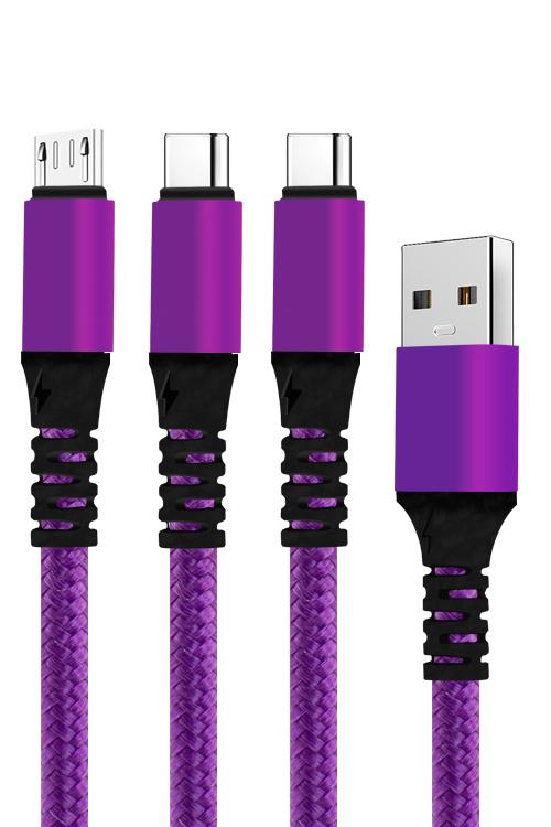 3 In 1 Cable with 1 Micro USB and 2 Type-C Head Jacks 1V82TC Purple