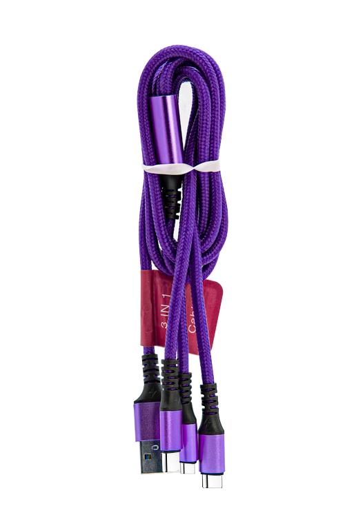 3 In 1 Cable with 1 Micro USB and 2 Type-C Head Jacks 1V82TC Purple