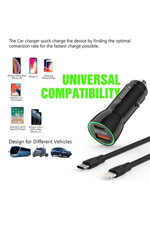 Esoulk 18W PD & USB Car Charger with PD 3 Foot Cable-EC09P-CL