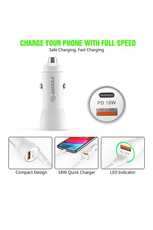 Esoulk 18W PD & USB Car Charger with PD 3 Foot Cable-EC09P-CL