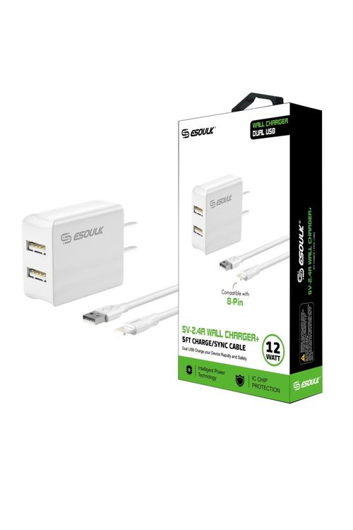 Esoulk 2.4A Dual Port Wall Charger & 5FT Iphone Cable Wholesale-EC44P-IP