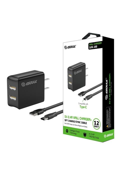Esoulk 2.4A Dual Port Wall Charger & 5FT Type-C Cable Wholesale-EC44P-TPC
