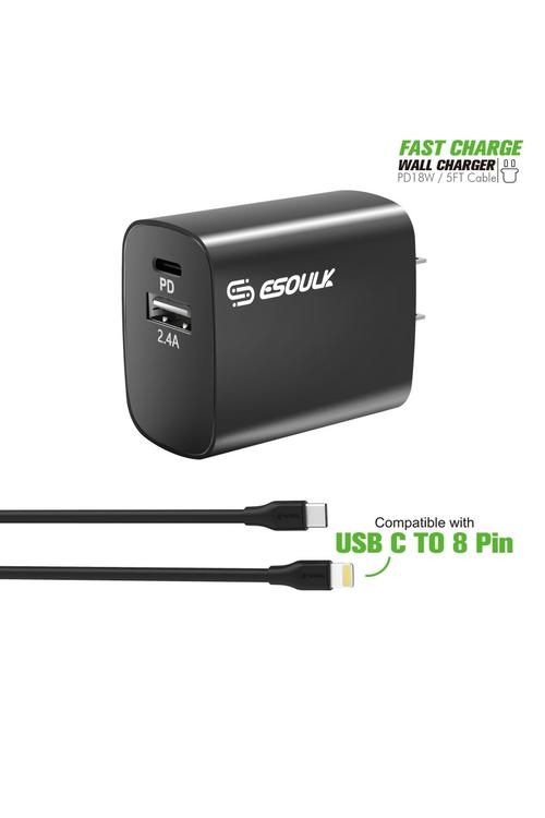 Esoulk Combo 18W PD USB Wall Plug & PD 5FT Cable-EC10P-CL