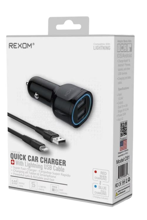 Rexom Dual Port Car Charger & Lightning Cable Combo Wholesale-C61