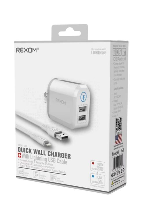 Rexom Dual Wall Charger & Lightning Cable Combo Wholesale-H51